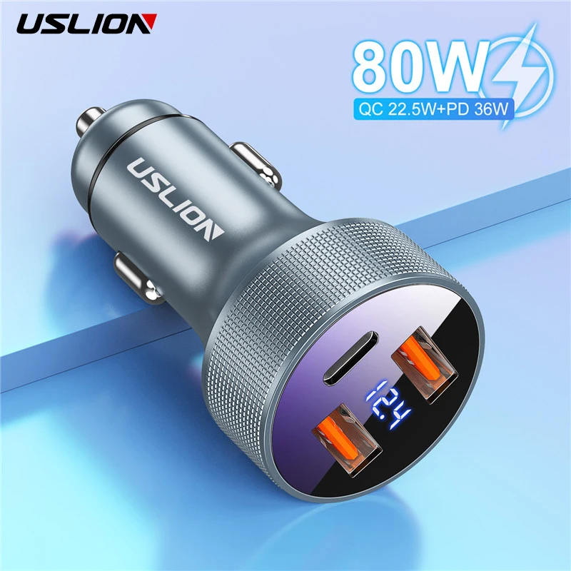 USLION USB Car Charger QC 3.0 80W 5A Type C PD Fast Charging Car Phone Charger Adapter For iPhone Xiaomi Samsung Mobile Phone