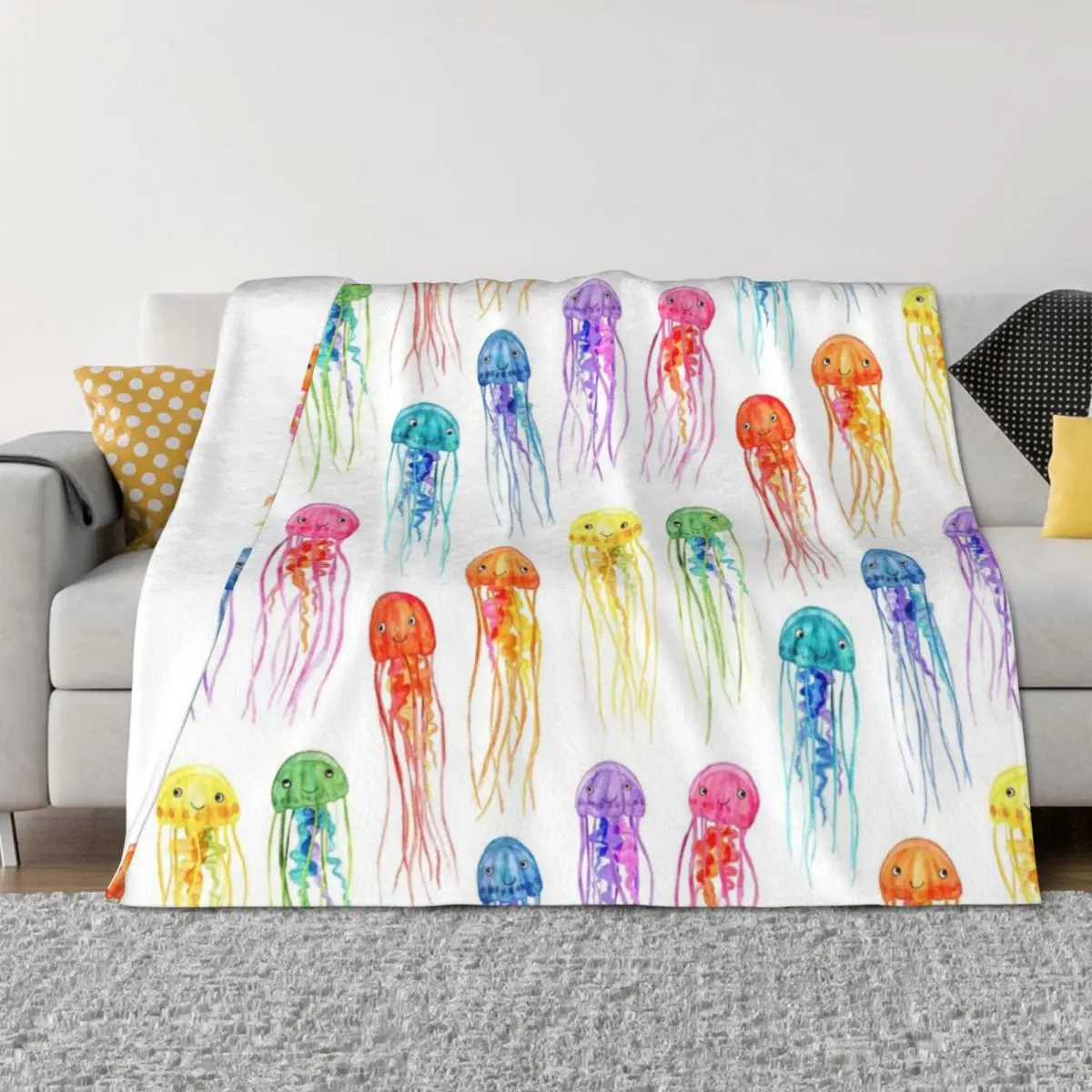 

Rainbow Watercolor Jellies on White Throw Blanket Decorative Sofas Extra Large Throw Shaggy christmas decoration Blankets