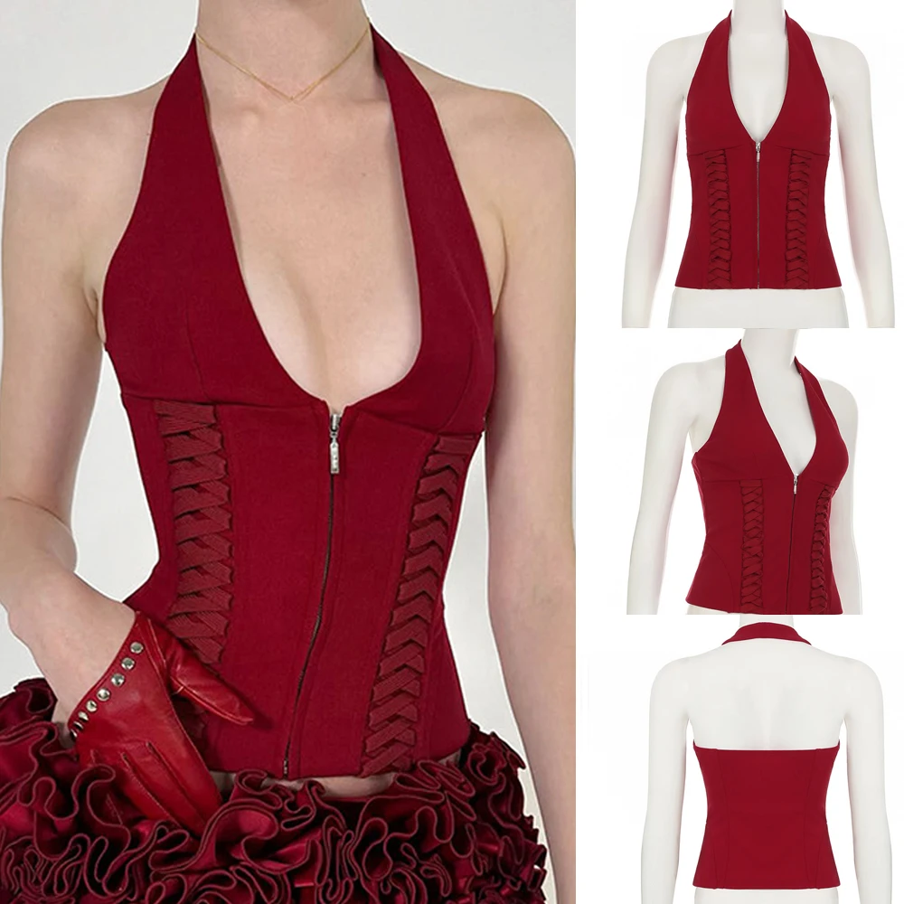 Sexy Halter Criss-Cross Drawstring Cropped Top for Women 2026 Summer Fashion V-Neck Backless Zip-Up Sleeveless Vest Ladies Tanks