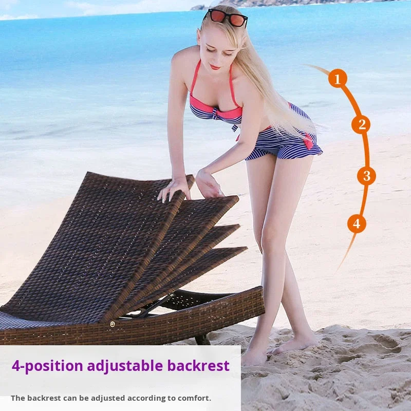 &Outdoor Pastoral Design Foldable PE Rattan Reclining Bed Cushioned Backrest High-Density Cushion Courtyard Hotel Swimming Pool