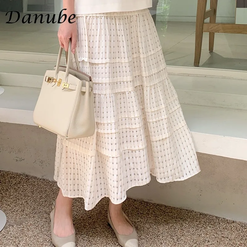 Summer Hollow Out Boho White Skirt Women Elastic High Waist Linen Cotton Long Skirts Vintage Elegant A-Line Beach Skirt Female