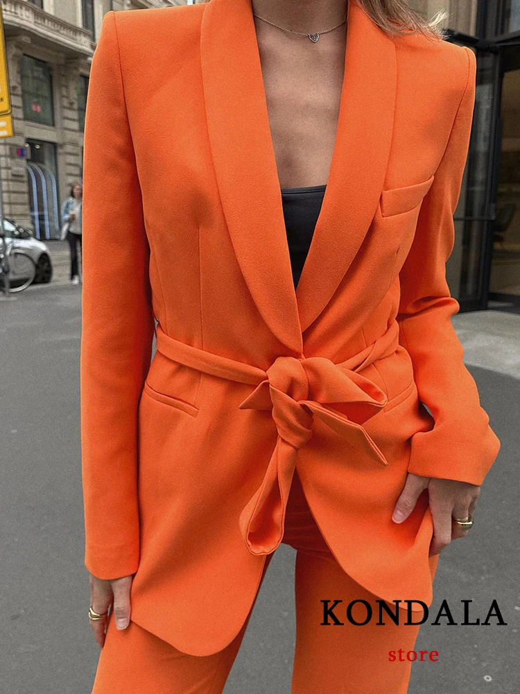 KONDALA Vintage Solid Orange Office Lady Fashion 2023 Spring Women Suits Slim Belt Women Elegant Blazer Zip Wide Leg Long Pants