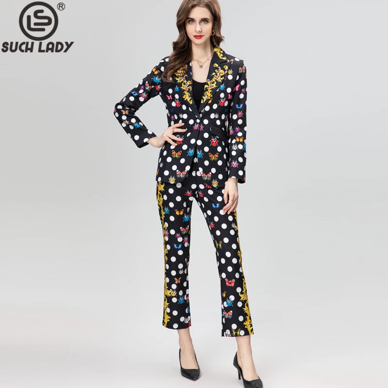 

Women's Three Piece Pants Sets Notched Collar Beaded Printed Blazer with Ankle Length Pant Fashion Twinset