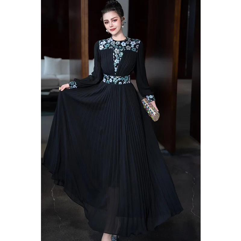 

Весенне-осеннее новое женское платье с круглым вырезом + изысканное женское платье с блестками и бисером, с длинными рукавами и высокой талией, со складками в сто отверстий