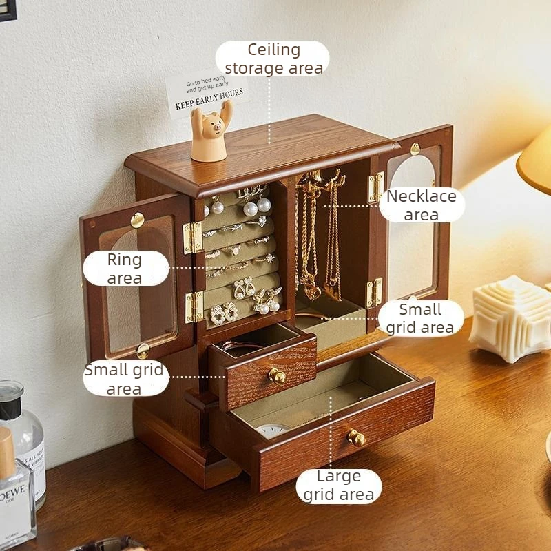 Wooden Jewelry Storage Box Woman Jewellery Organizer Cases Large Necklace Ring Storage Drawer Multifunctional Display Boxes