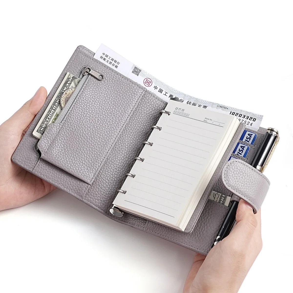 A7 portable notebook three hole loose leaf notebook, lychee patterned top layer cowhide pocket book, genuine leather notebook