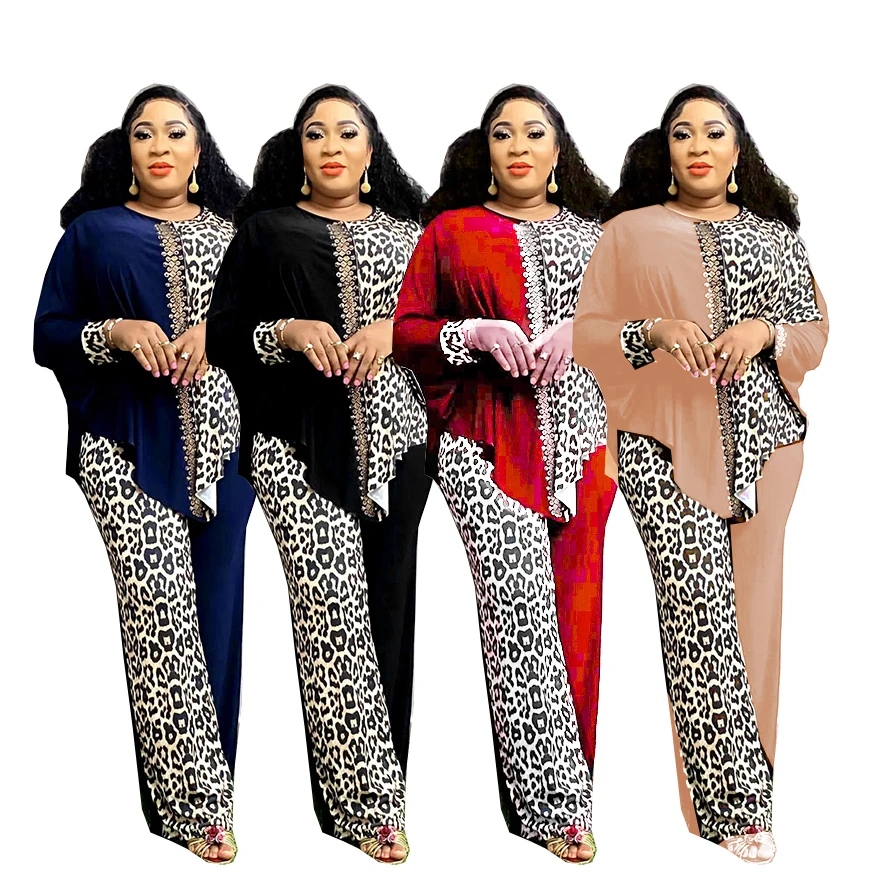 Women Leopard Print Casual Pantsuits Africa Europe Tracksuit Fashion Hot Drill Loose Tops Knit Trousers Two Piece Sets Outfits