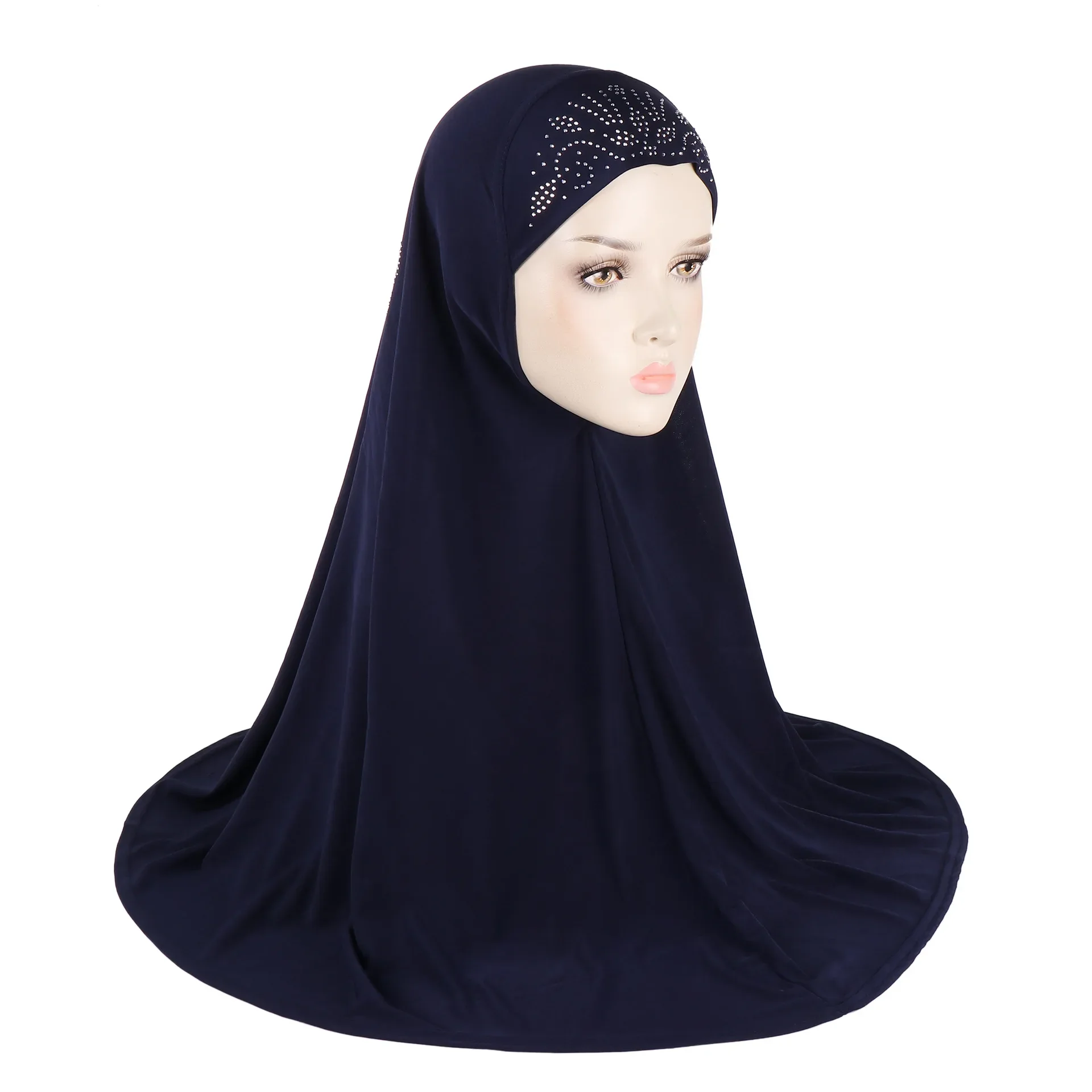 Adults Big Size Muslim Hijab Scarf with Rhinestones on Back Islamic Headscarf Hats Armia Pull on Headwrap Big Bonnet H406