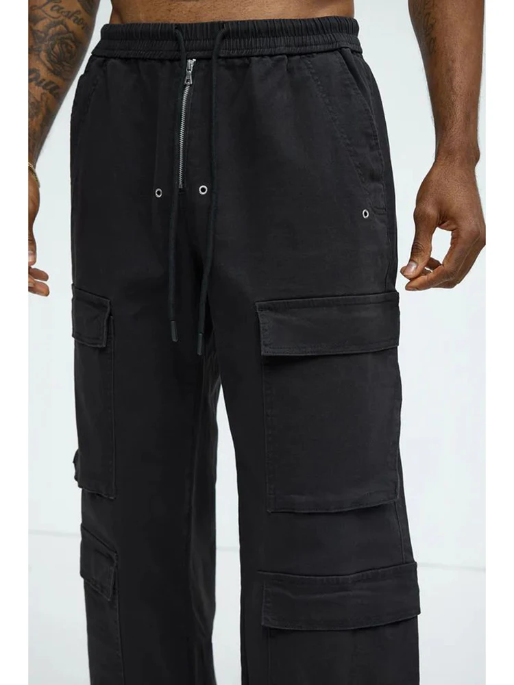 Men's Multi-Pocket Overalls Long Pants Casual Elastic Waist Zipper Niche Loose Summer Straight-leg Basic American Style Trousers