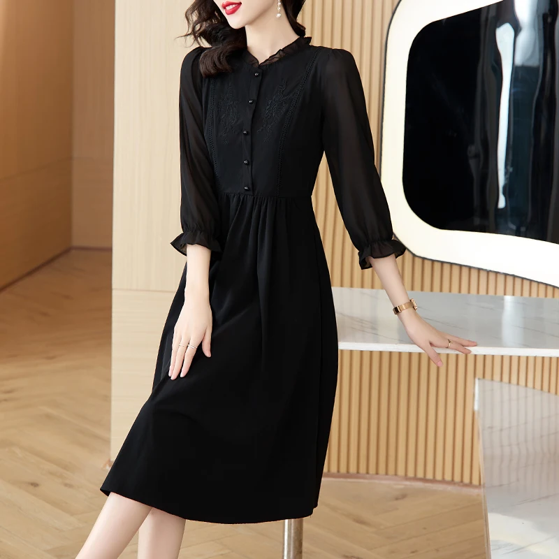 2023 Autumn New Silk Embroidery Long sleeved Dress for Women Loose Fit Large Waist Black Slim Knee Length A-line Dress Robe