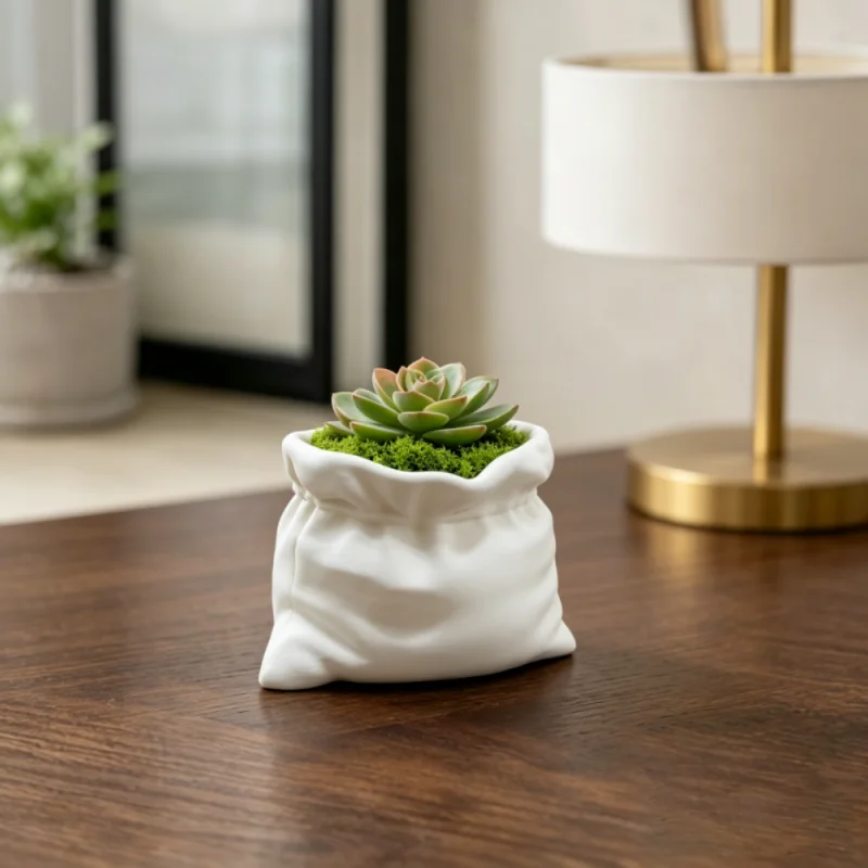 Drawstring Bag Shaped Mini Planter,Cute Pouch Design Small Flower Pot For Succulent Desk Window Indoor Home Decor,3D Print Craft