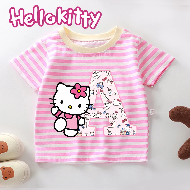 

Sanrio Hello Kitty полосатая футболка с надписью A-Z, одежда для девочек, летние рубашки с короткими рукавами и круглым вырезом для малышей, детский наряд на день рождения, топы