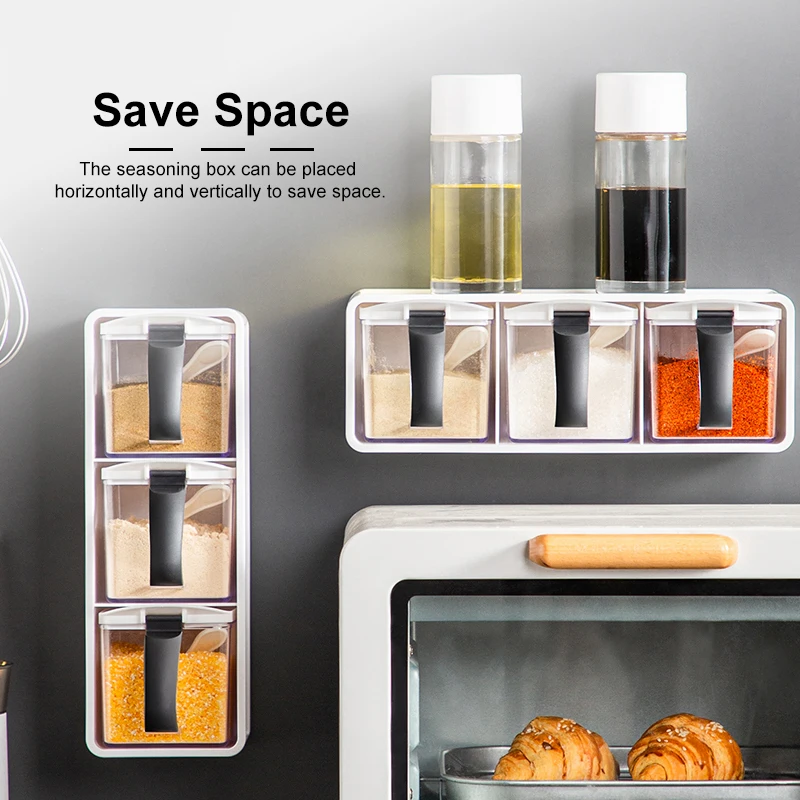 

Wall Mount Spice Storage Organization,Seasoning Box Spice Rack Sugar Bowl with Spoons,Condiment Jar for Sugar Salt Pepper