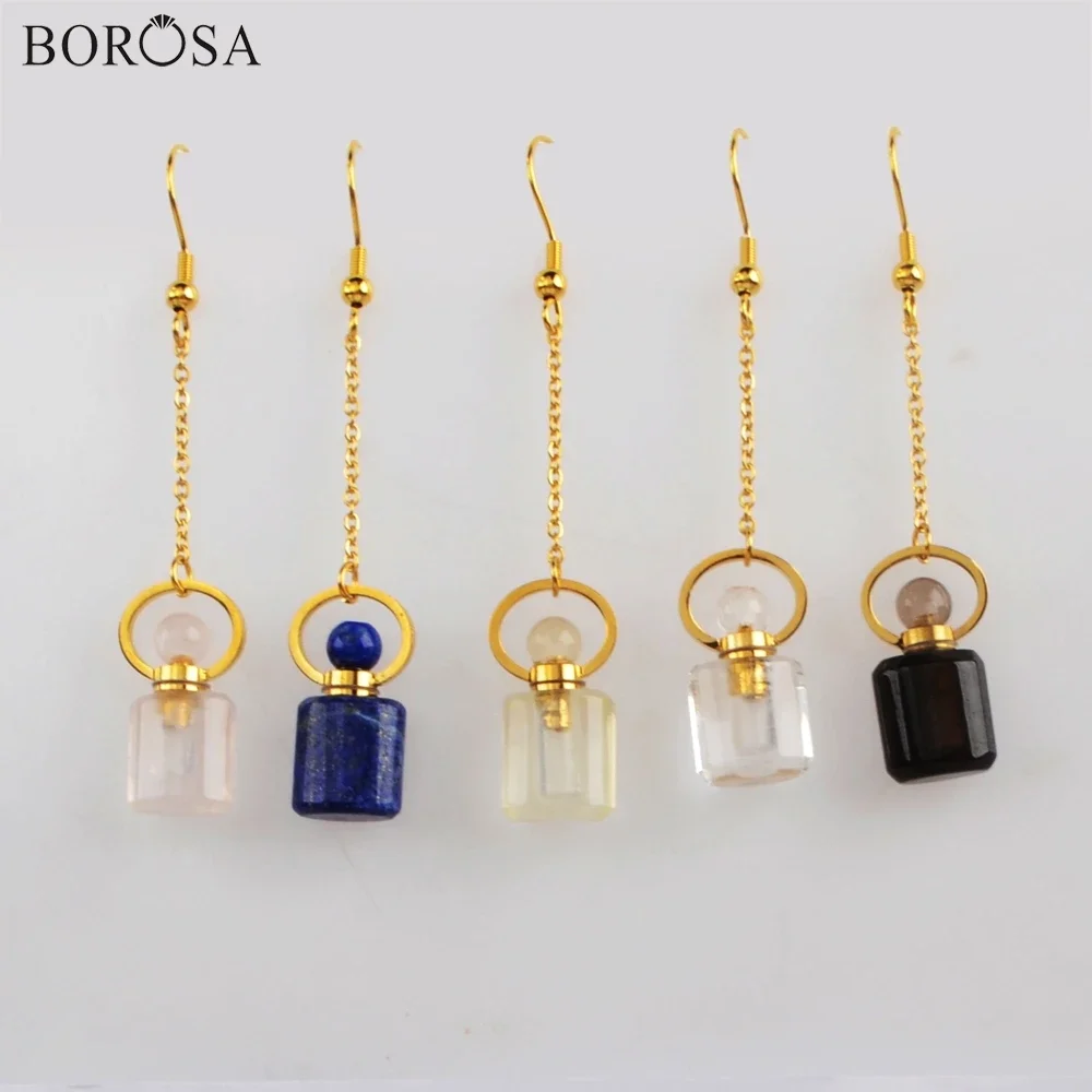 

BOROSA 3Pairs Gild Multi-kind Natural Stone Perfume Bottle Shaped Drop Earring White Crystal Quartz Lapis Earrings Jewelry