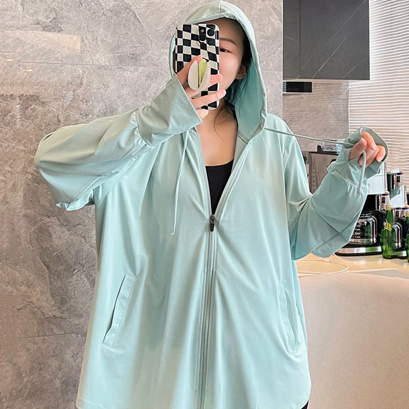 Rimocy Plus Size 4XL Sunscreen Jacket Women Outdoor Sport Cycling Fishing Cool Coat Woman Ice Silk Sun Protection Hoodie Shirts