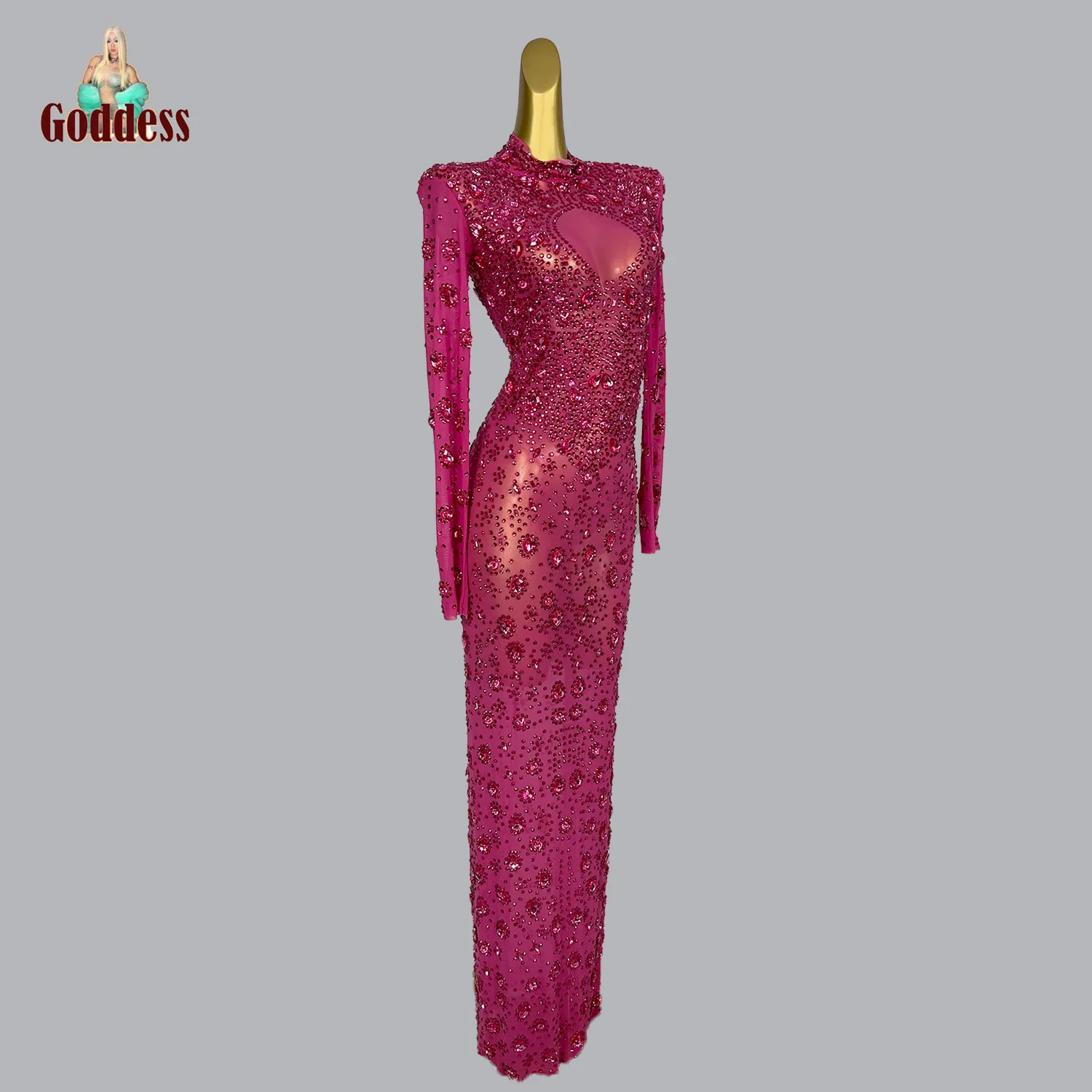 Funkelnde rosa rosa Strass steine Kristall sexy langes Kleid Frauen Abendkleid Ballsaal Kleidung Club Bühne Sänger Party Kostüm