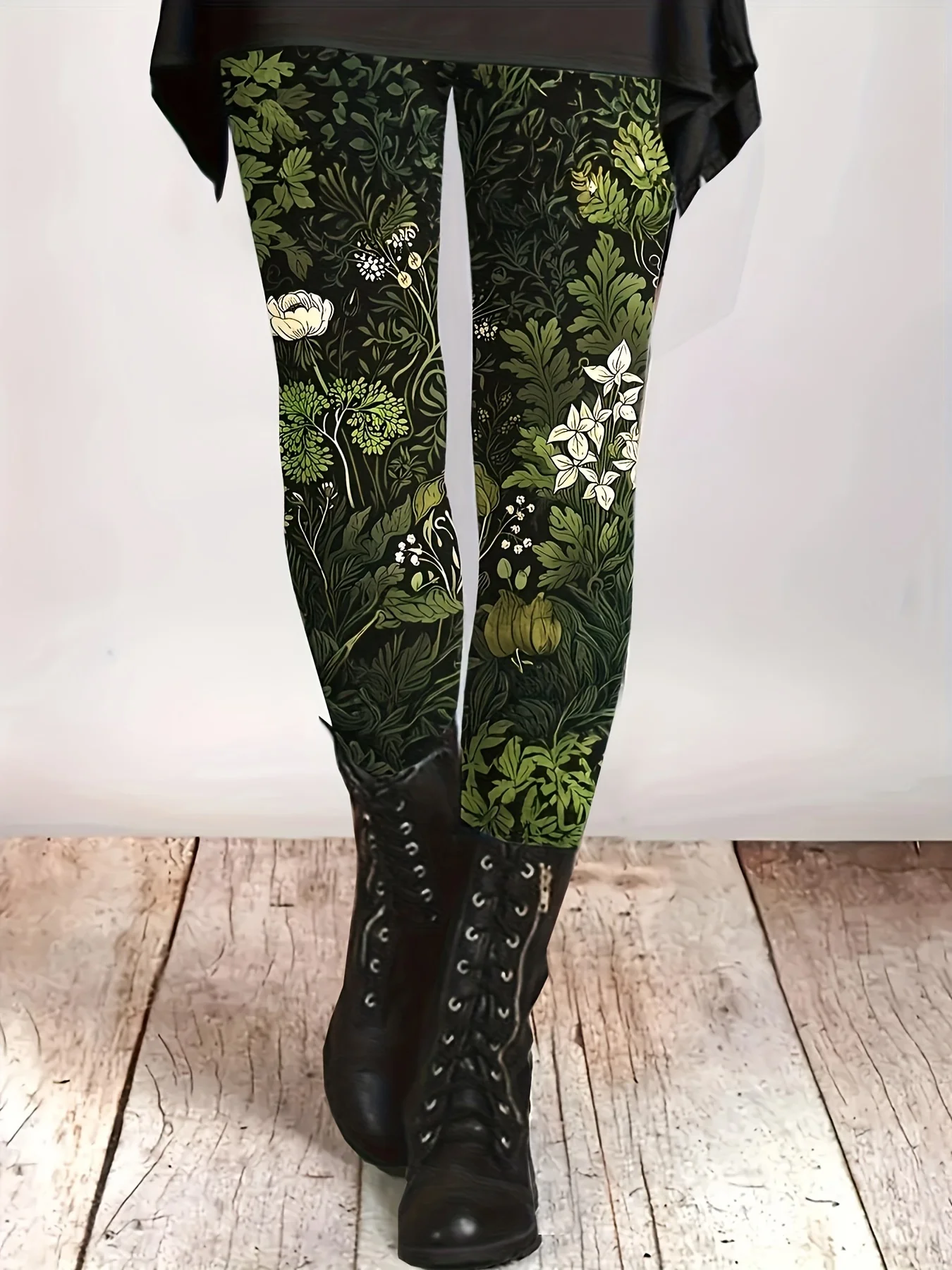 Women Fleece Lined Leggings Dark Jungle Foliage Wild‑Flower Art Print Mid‑Waist Winter Bottoms
