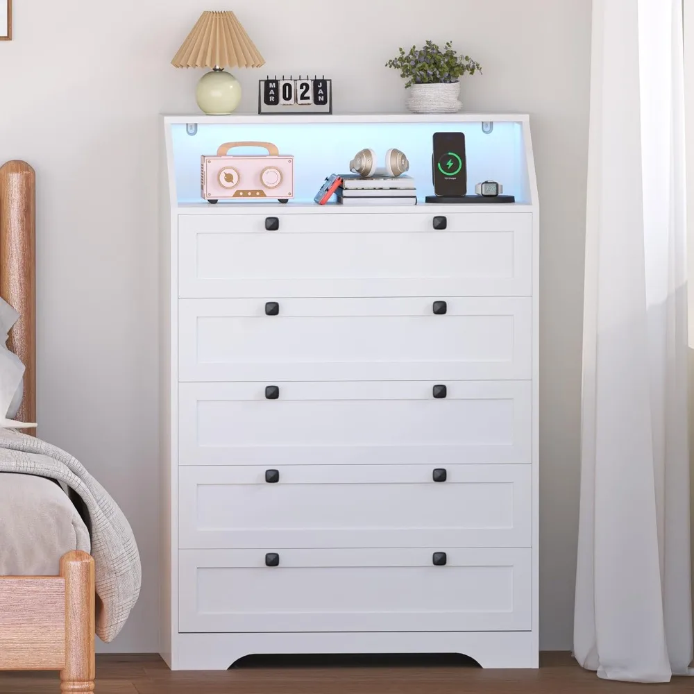 Contemporary Tall 5-Drawer Wood Dresser with LED Lighting, Charging Station, and Metal Handles for Bedroom Storage