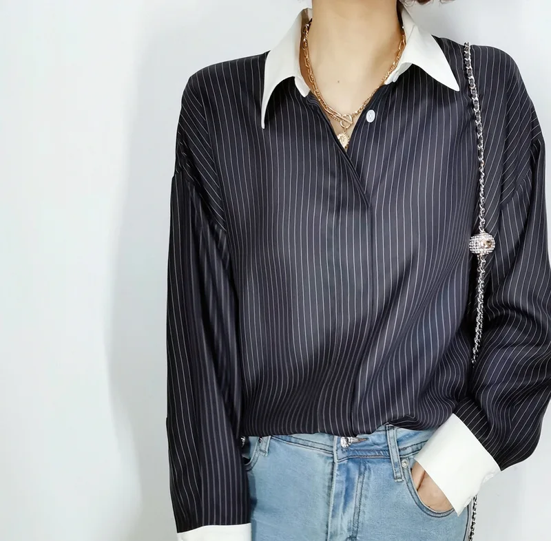 Birdtree 100%Real Silk Shirt Women Lapel Vintage Classic Stripe Long Sleeves Simple Versatile Commute Blouse Spring T41125QD