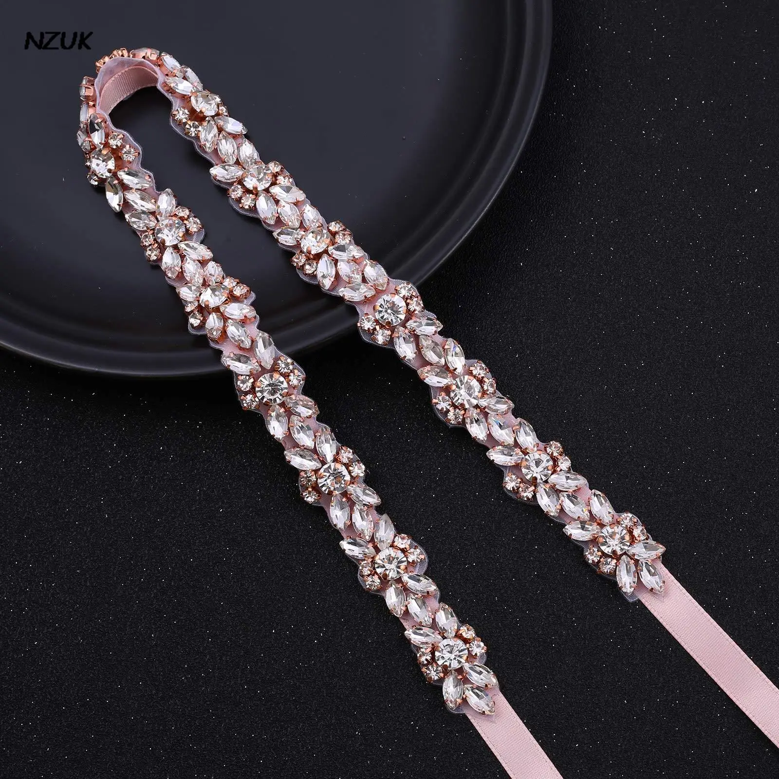 

NZUK Thin Bridal Belt Rose Gold Crystal Wedding Belt Bridesmaid Sash with Rhinestones Pearls for Women Dress Accessories