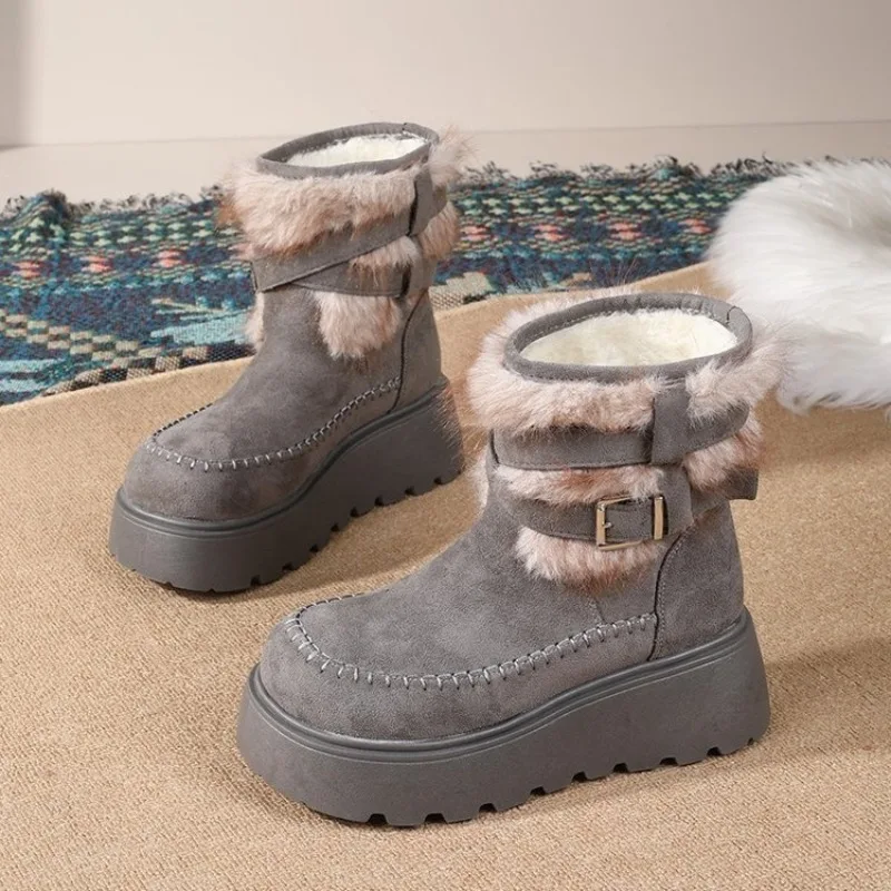 Trendy New Arrival Faux Suede Women Snow Boots Anti‑Slip Wear‑Resistant Furry Trim Buckle Platform Short Winter Warm Plush Boots