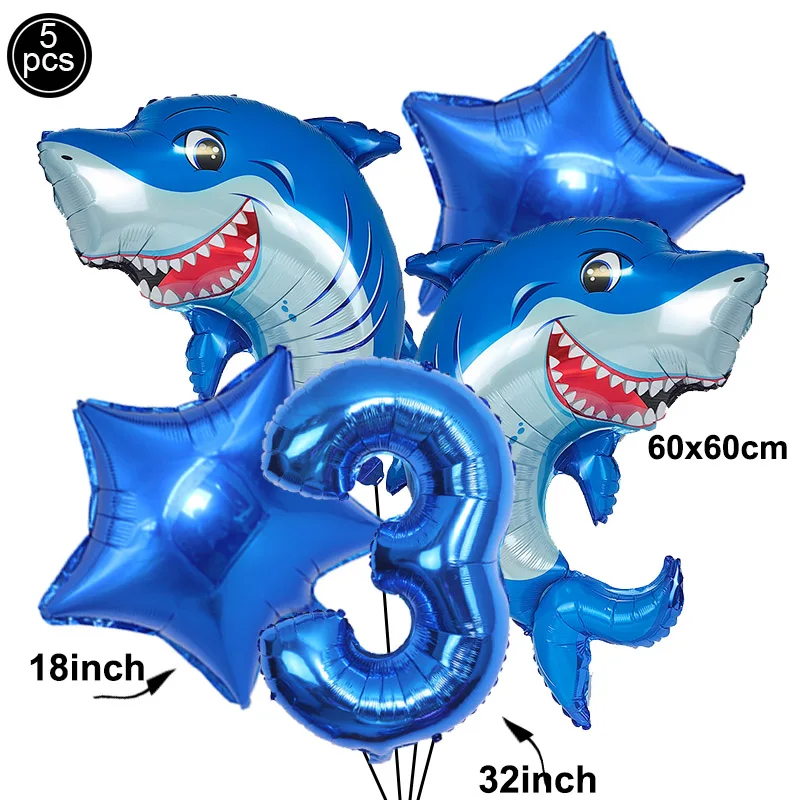 5 stücke Cartoon Blue Shark Anzahl Digitale Luftballons Set Jungen Ozean Meerestiere Geburtstag Party Decor Liefert Kinder Favor Geschenke – Detail 4