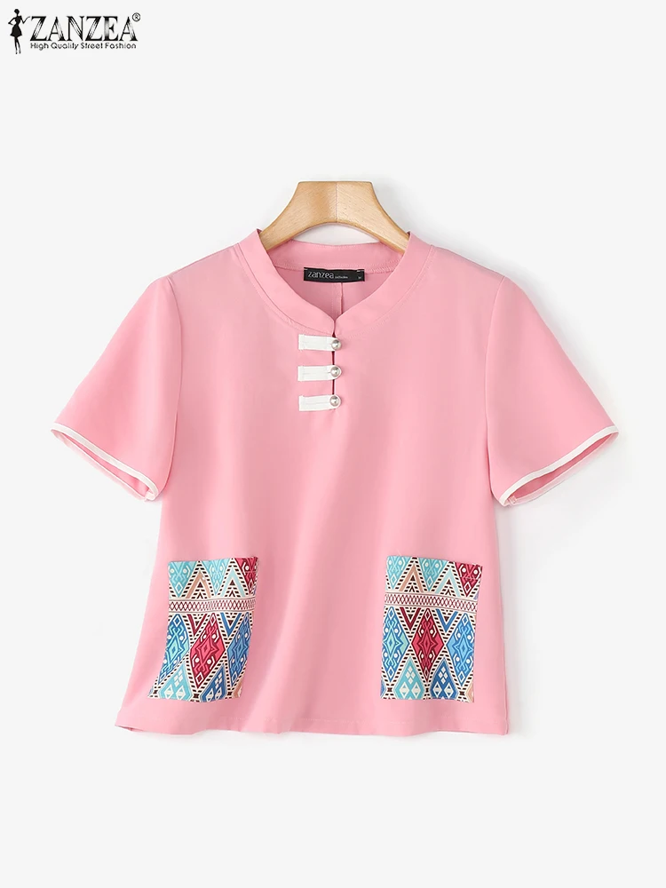 

Short Sleeve Printed Blouses Vintage Women Tops Casual Loose O-Neck Blusas Oversized Buttons Pullover ZANZEA 2025