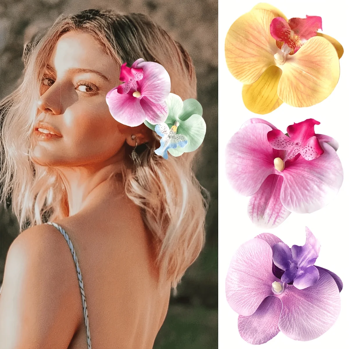 8-teiliges Set mit zufällig gefärbten, blumenförmigen Haarklammern, 3D-Blumen-Haarklammern mit realistischer Darstellung, Boho-Haarklammern mit Phalaenopsis-Blumen, hawaiianische, künstliche Phalaenopsis-Haarklammern für Braut, Hochzeit, Strandparty und Urlaub. – Detail 1