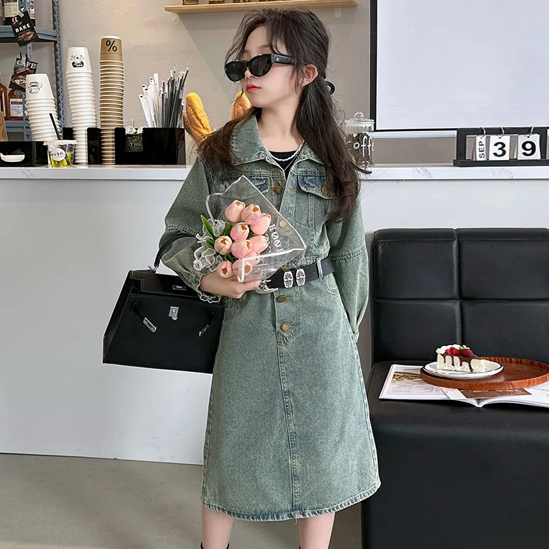 

ZOETOP 2025 Spring Autumn School Girl Denim Dress Children Girl Single-breasted One-piece Dress Junior Girl Long Sleeve Dress