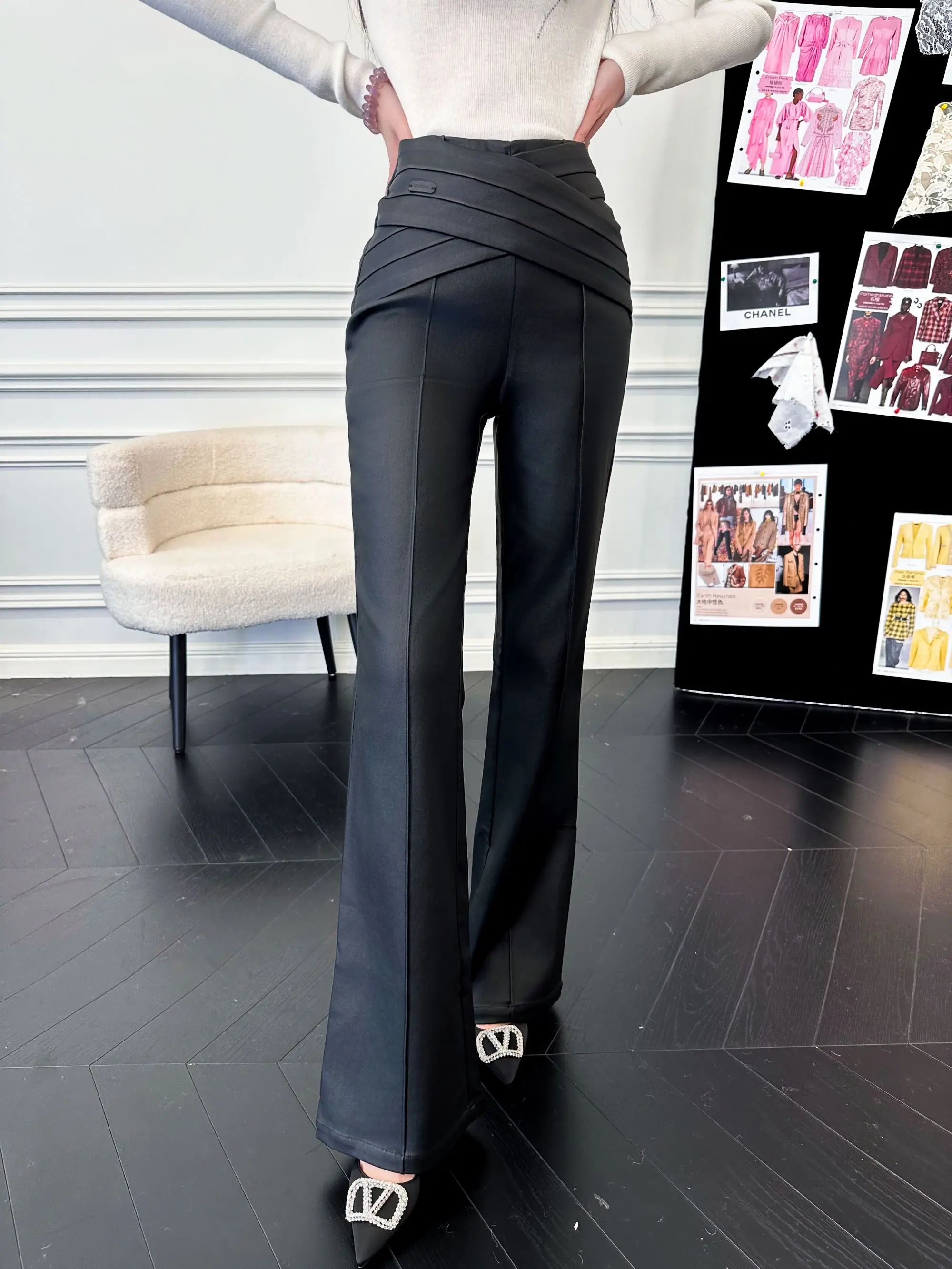 

Модные высококачественные брюки из лакированной кожи с микро-клешем и завышенной талией, повседневные женские брюки с завышенной талией