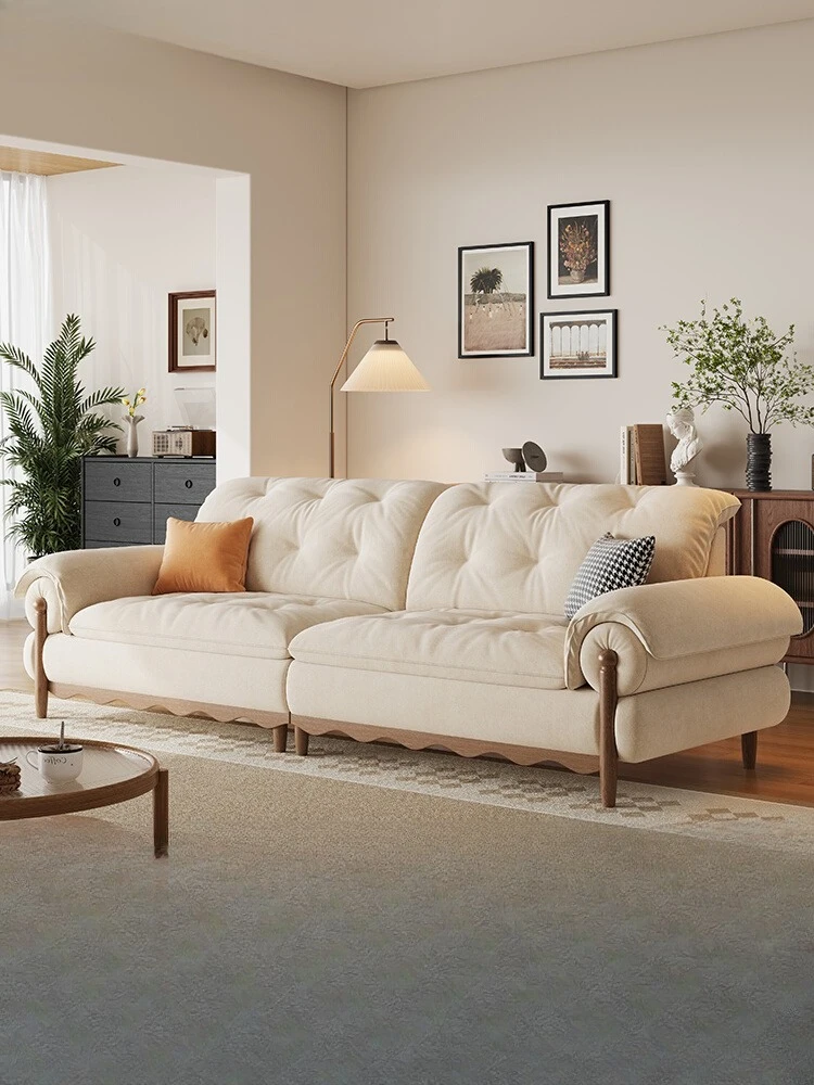 

Log cream style small apartment straight row sofa French retro style solid wood living room three-person fabric sofa