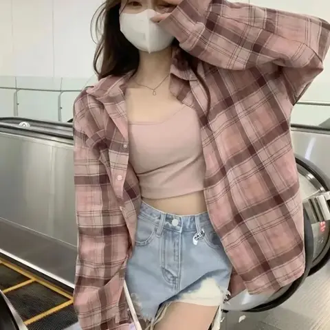 여성용 핑크 격자 무늬 블라우스, 긴 소매 체크 셔츠, 캐주얼 루즈 싱글 브레스트 셔츠, 한국 패션, 가을 신상