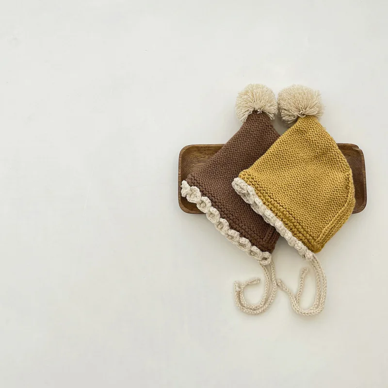 

2025 Cute Pom Pom Baby Knit Hat Winter Warm Baby Beanie Cap Kids Protection Ear Bonnet Caps Newborn Accessories