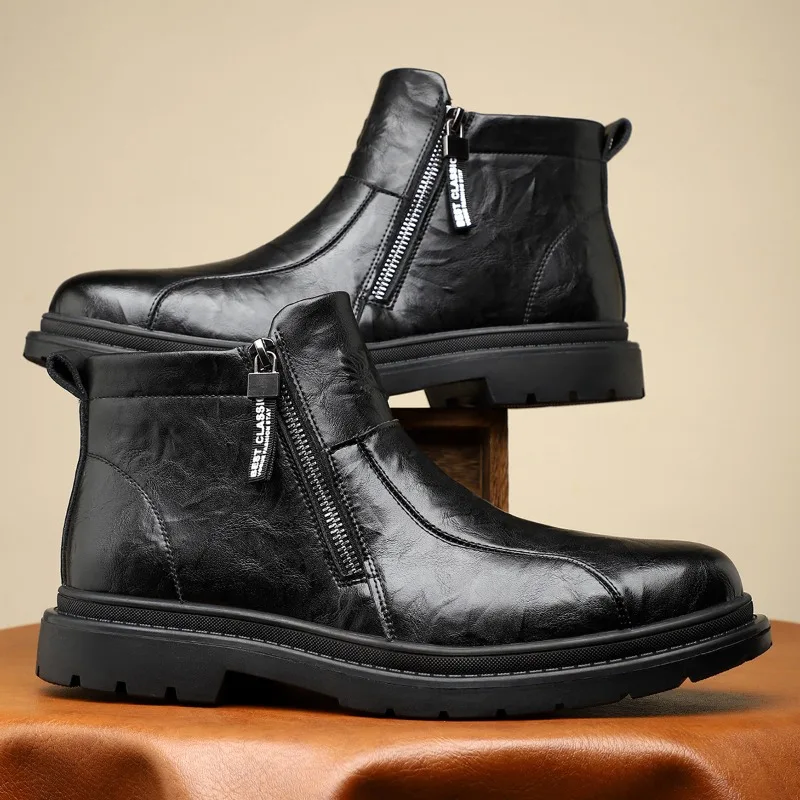 

Men's Genuine Leather Boots Fashion Casual High Top Boots Side Zip Ankle Boots for Men Classics Business Short Boot Botas Hombre