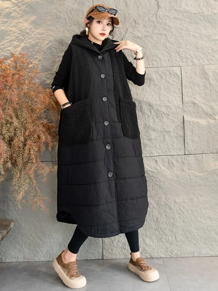 Masss Wasss 2024 Winter Womens Long Fashion Loose Hooded Padded Vests Ladies Casual Classic Sleeveless Coats Warm Fur Waistcoats