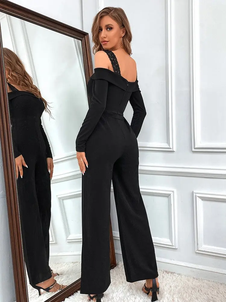 Fashionable 2022 New Spring Summer Solid Color Long Sleeve Bib One Shoulder Slim Fit Black Women's Jumpsuit