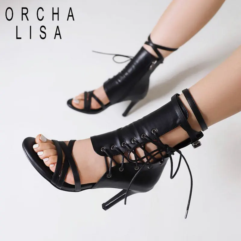 

ORCHA LISA Design Women Sandals Peep Toe Thin Heel 7cm Zipper shoes Buckle Strap Fashion Party Shoes Plus Size 43 44 45 46