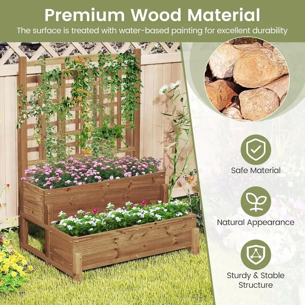 Elevated Wooden Garden Bed with Trellis, Legged Planter Box, Hemp Rope, and Drainage for Backyard and Lawn