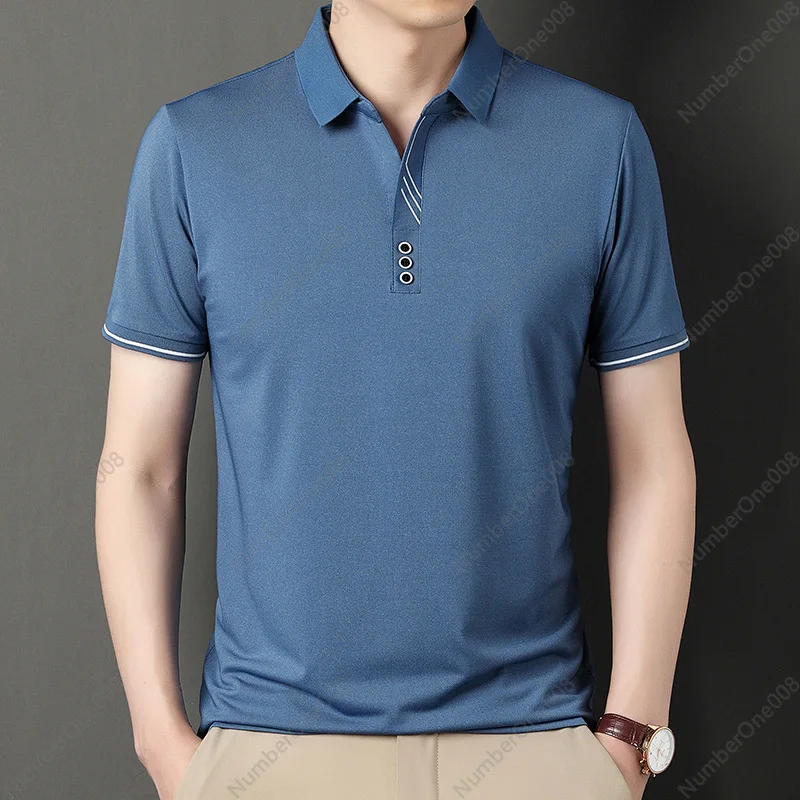 Summer New Short-sleeved T-shirt Men's Mid-green Casual Lapel Thin Men's Clothing Solid Color Polo Shirt Top