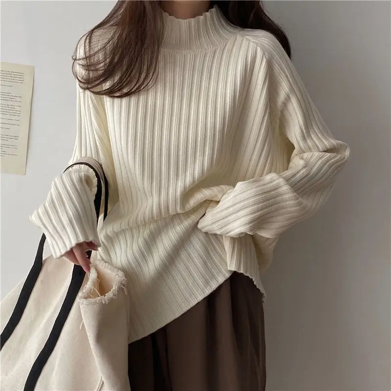 

Knitted Long Sleeve Sweater Women Autumn New Loose Thicken Half High Collar Bottoming Solid All-match Elastic Pullovers Tops