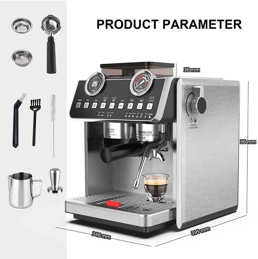 Double Boiler Electric Espresso Machine Semi-Automatic with Beans Grinder Household Hotel Use Car Outdoor Applications