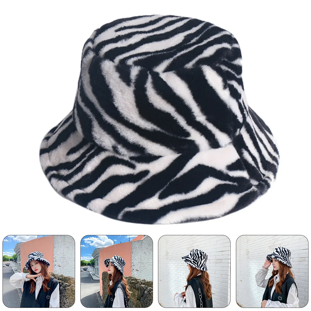 Bucket Hat for Women Zebra Fluffy Hats Plush Warm Miss Black and White Ladies Sun