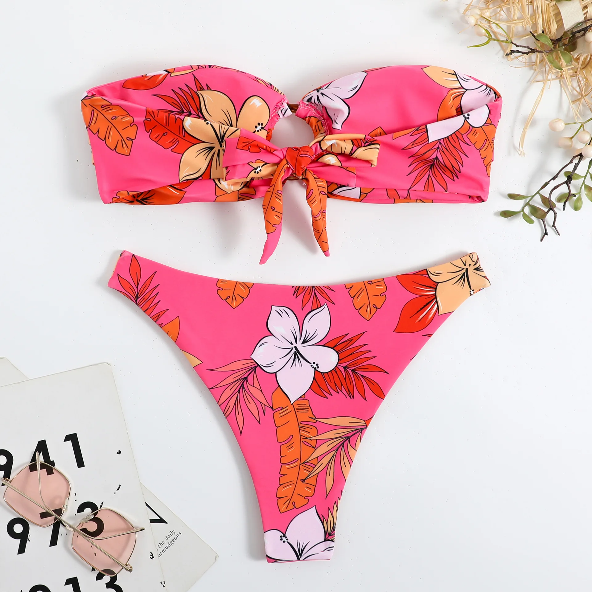 Women floral print bandeau ring bikini sets two pieces thong swimsuit Swimwear bathing suit beach outfits biquini