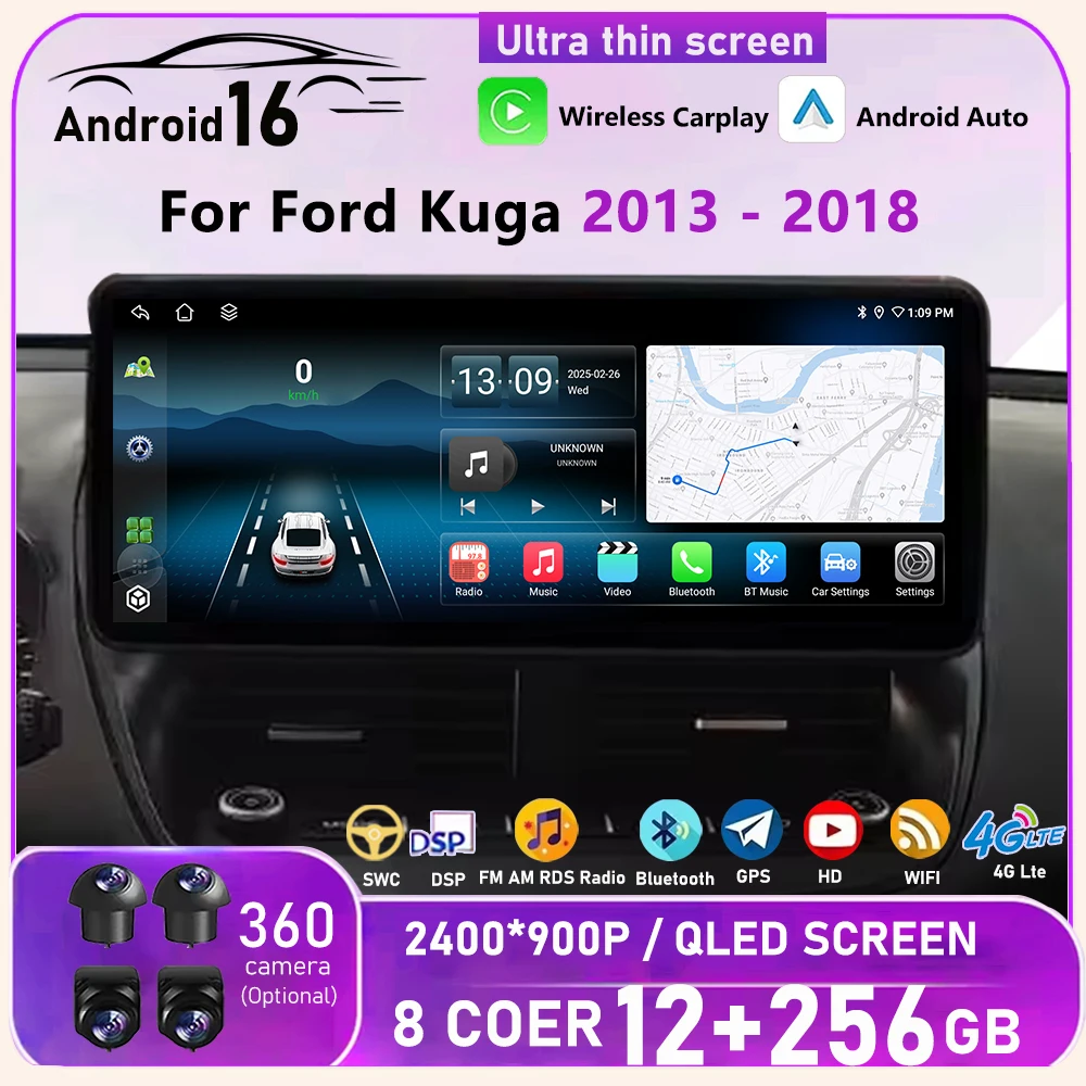 Android 16 For Ford Kuga 2013-2018 Wireless Carplay Car Multimedia Player BT DSP Stereo 4G WIFI Touch Display QLED 2400*900P