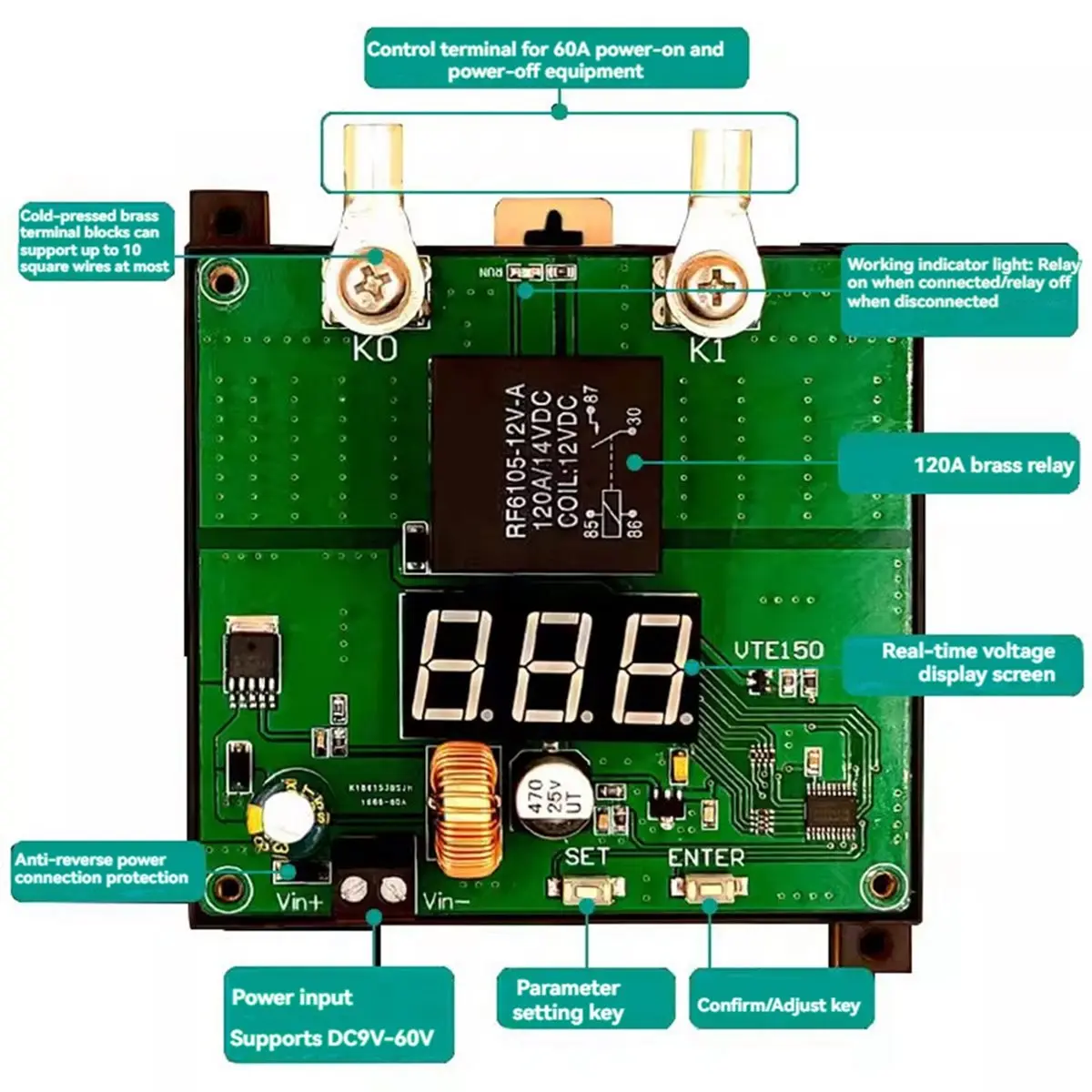 A64I 12V/24V/48V High-Power Car Battery Undervoltage Protector, RV Car Monitoring Low Voltage Controller