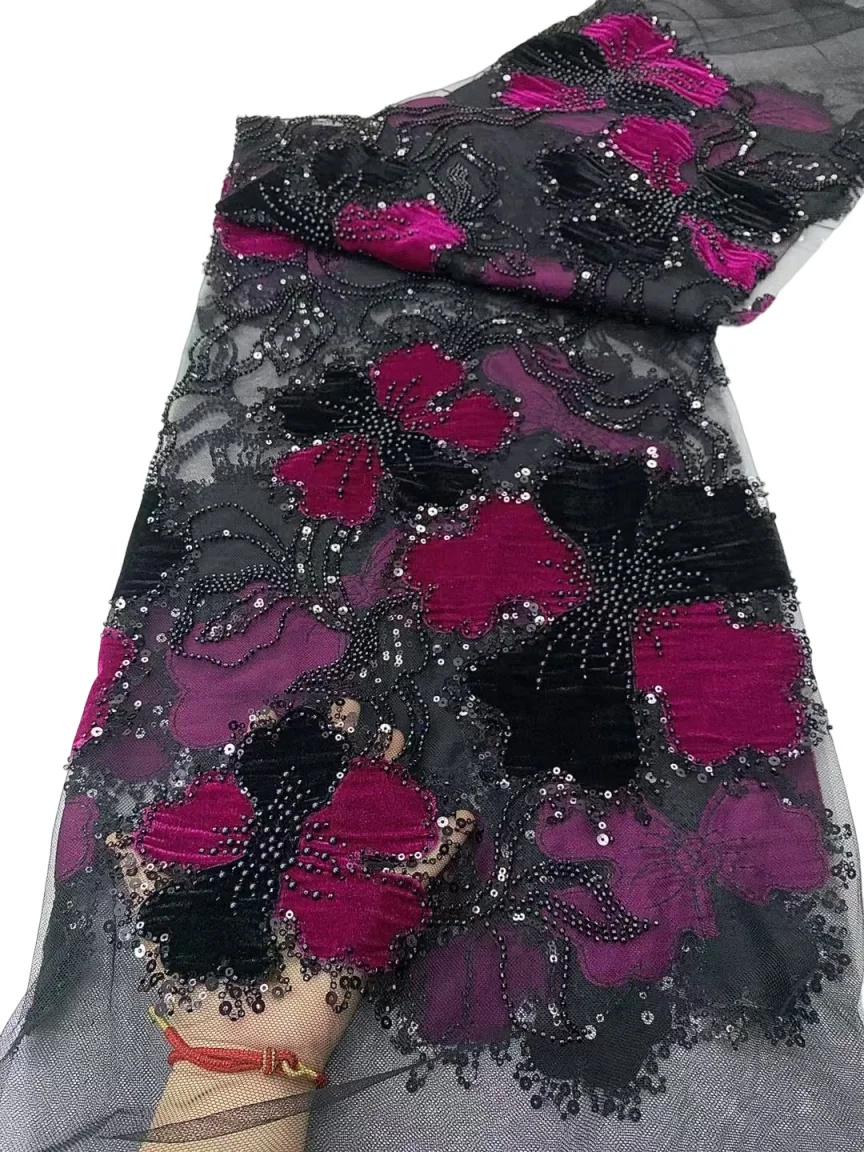 

2025 Delicate Best Quality Soft Hollow Out Embroidered Bicolor Velvet Lace With Beaded Stones Fabric For Wedding Evening Dresses
