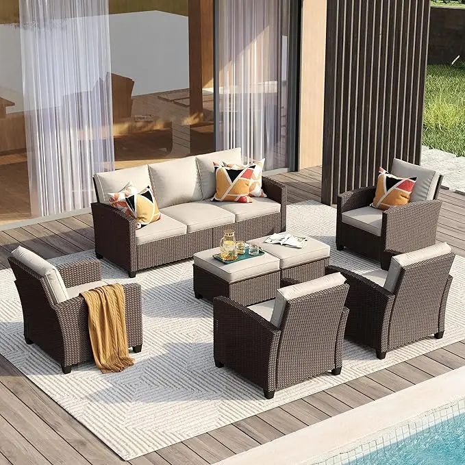 5/6/7 Stück Gartenmöbel-Set, Patio-Rattan-Gesprächs sets mit Hockern