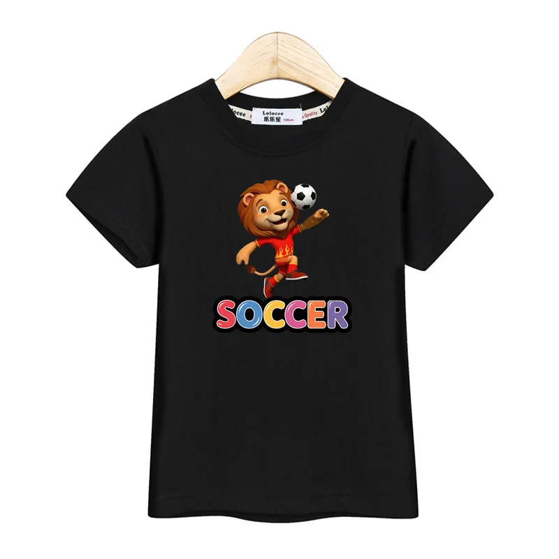 2026 Jungen Sommer Fußball-Trikots Cartoon Löwe Kurzarm T-Shirt 3-14 Jahre Kinder Baumwoll-Fußballshirt