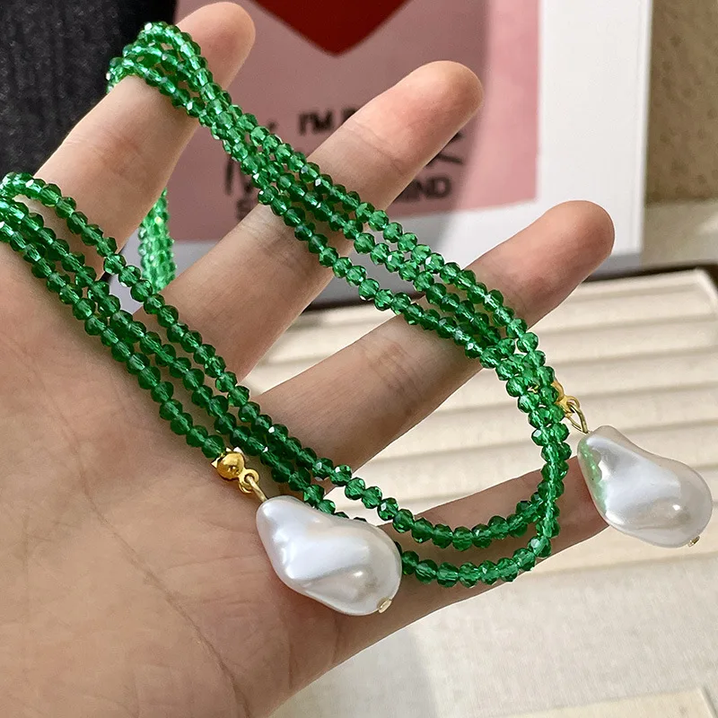 HangZhi Fashionable Pearl Green Beaded Long Necklace Multiple Wearing Sweater Chain French Vintage Jewelry for Women New