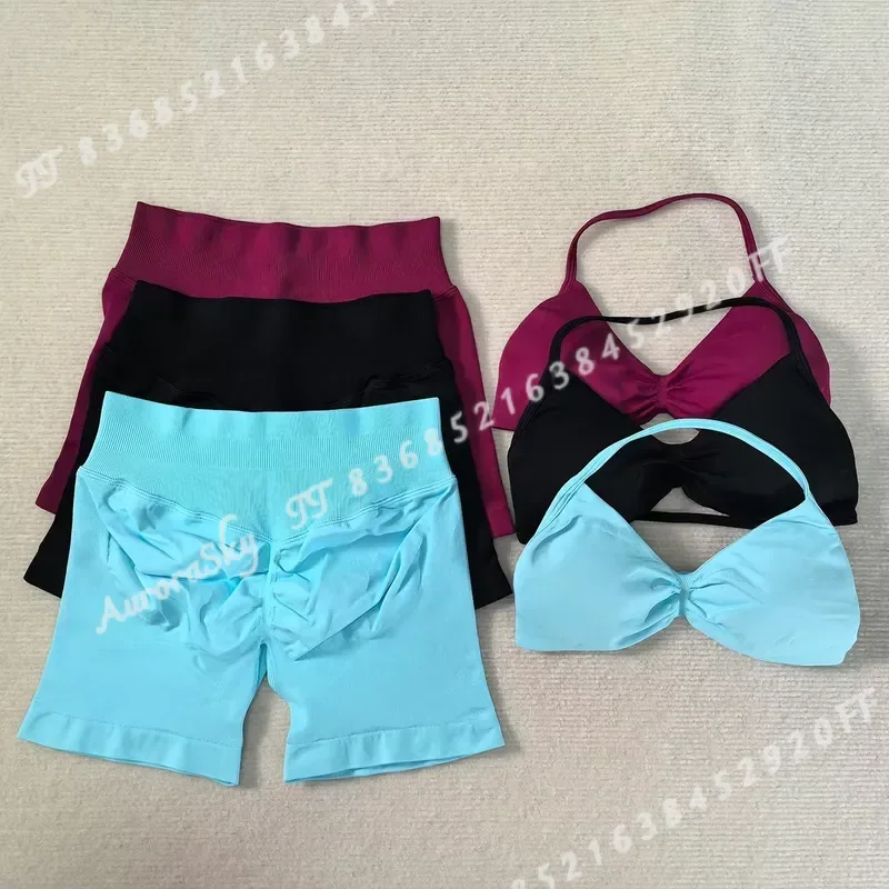 Seamless 2 Piece Yoga Set Strappy Halter Sports Bra Push Up Padded Crop Top Scrunch Butt Shorts Quick Dry Backless Gym
